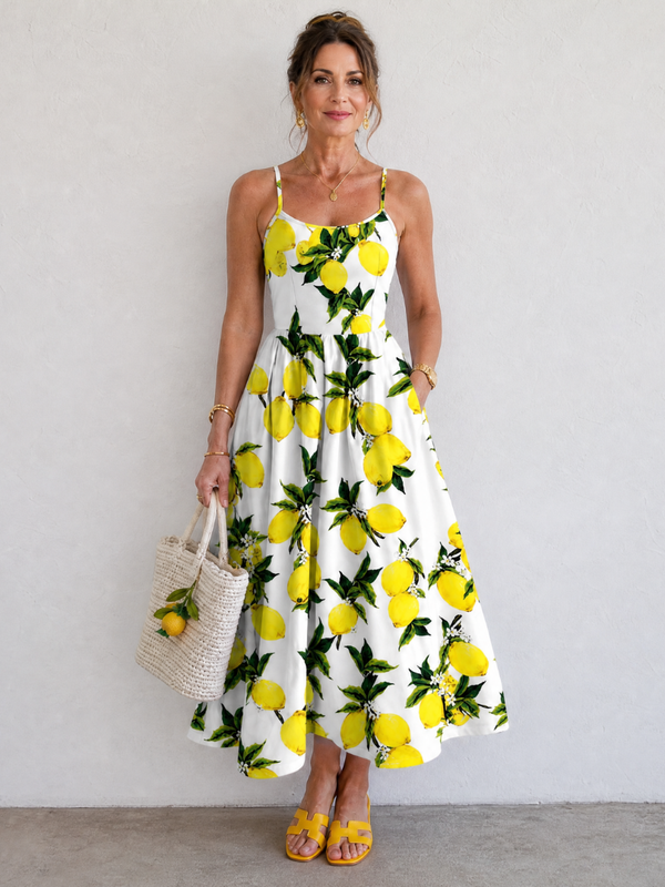 Limonelle | Lemon Print Sleeveless Midi Dress