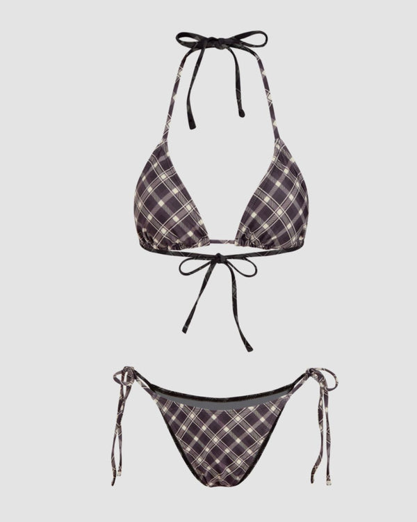 Curvvvy® Halter Neckline Check Knotted Triangle Tieside Bikini Set with Coverup Shorts & Headscarf