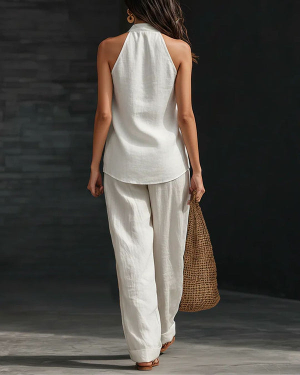 Curvvvy® Summer Linen-Blend Halter V-Neck Top & Wide-Leg Trousers Set