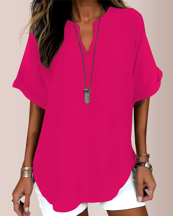 Curvvvy® Women's Casual Notch V-Neck Rolled Sleeve Top