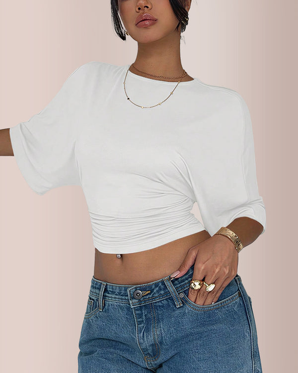 Curvvvy® Women's Ruched Waist Crop Top Casual Short Sleeve Tee