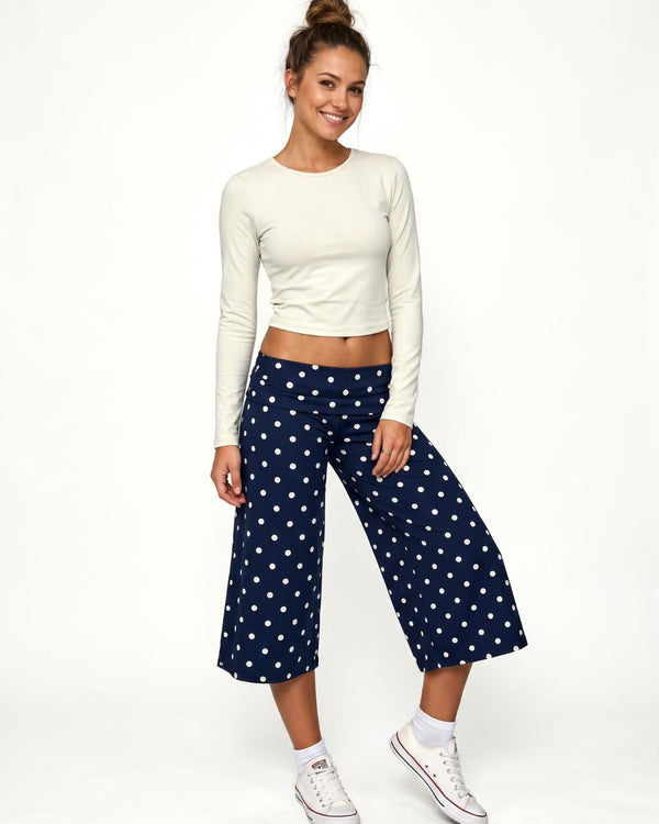 Curvvvy™ White Polka Dot Fold-Over Waist Cropped Pants