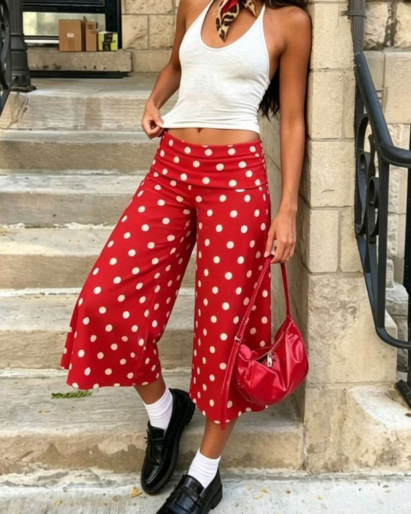 Curvvvy™ White Polka Dot Fold-Over Waist Cropped Pants