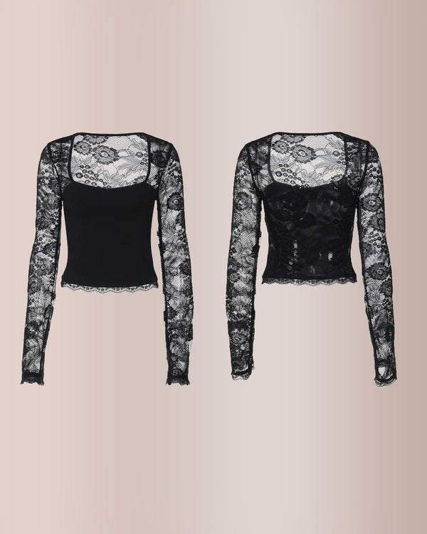 Curvvvy®Sheer Lace Floral Long Sleeve Top