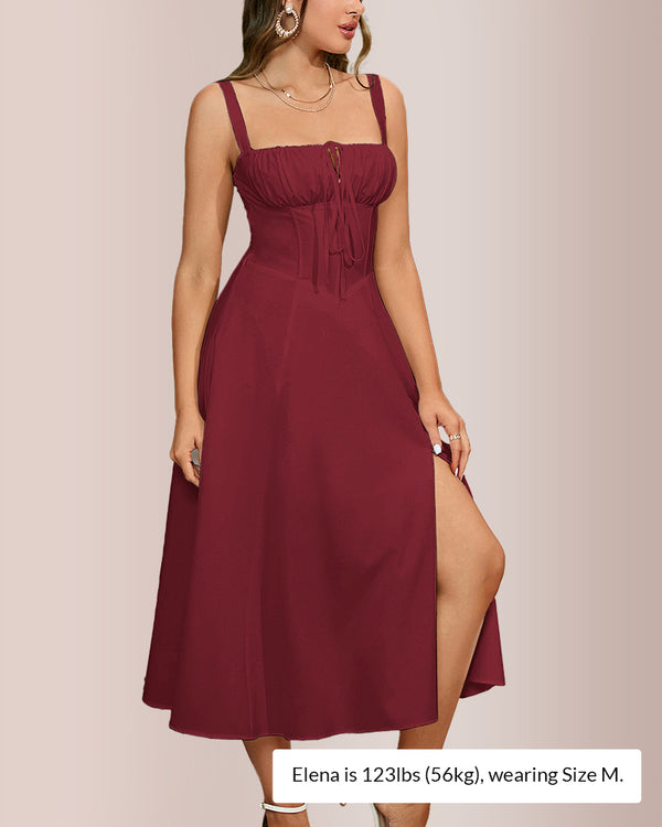 Curvvvy® Structured Bust Ruched Tie-Front High Slit Midi Dress