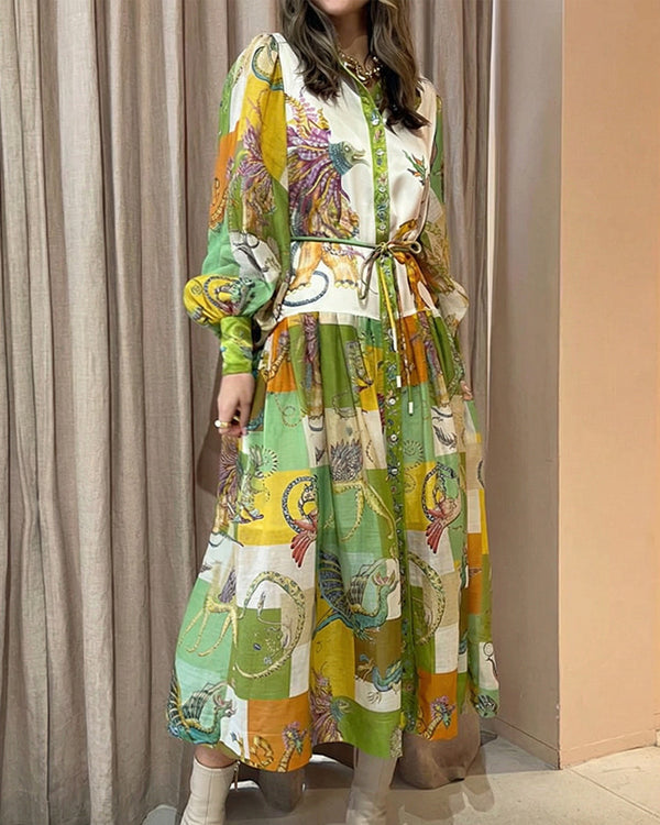 Curvvvy® Coastal Print Lantern Sleeve Maxi Shirt Dress