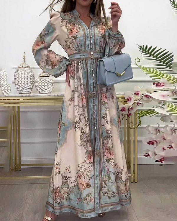 Curvvvy® Baroque Floral Print V-Neck Long Sleeve Maxi Dress
