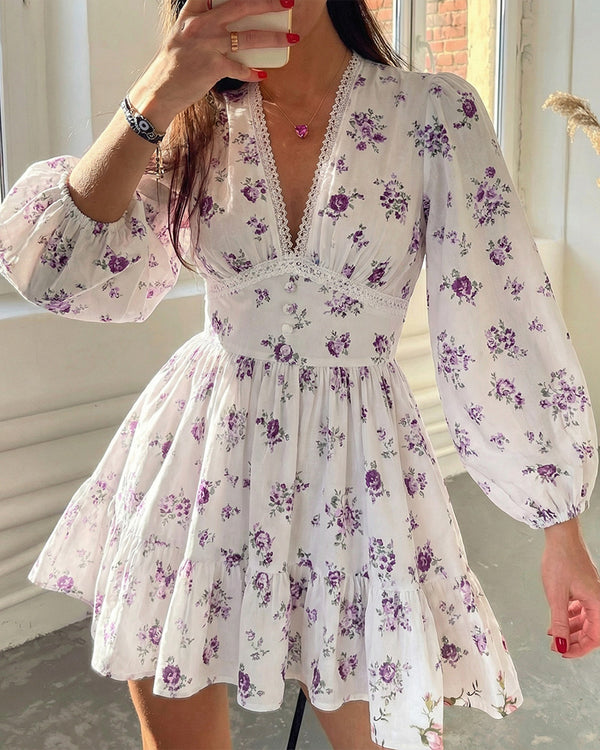 Curvvvy® Deep V-Neck Lace Trim Floral Puff Sleeve Mini Dress