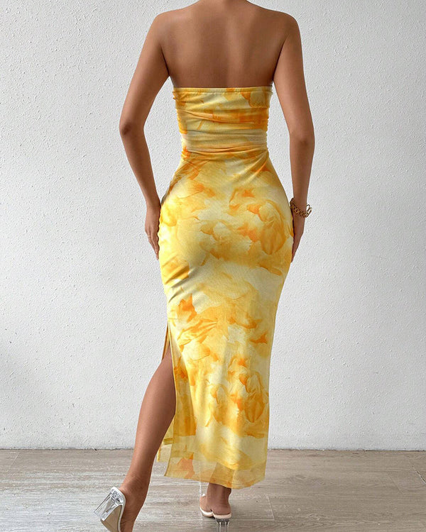 Curvvvy® Yellow Floral High-Slit Bodycon Vacation Dress
