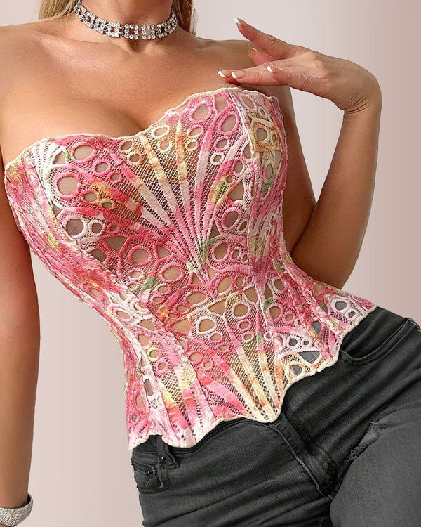 Curvvvy® Vintage Print Lace Corset Top Sheer Mesh Bustier
