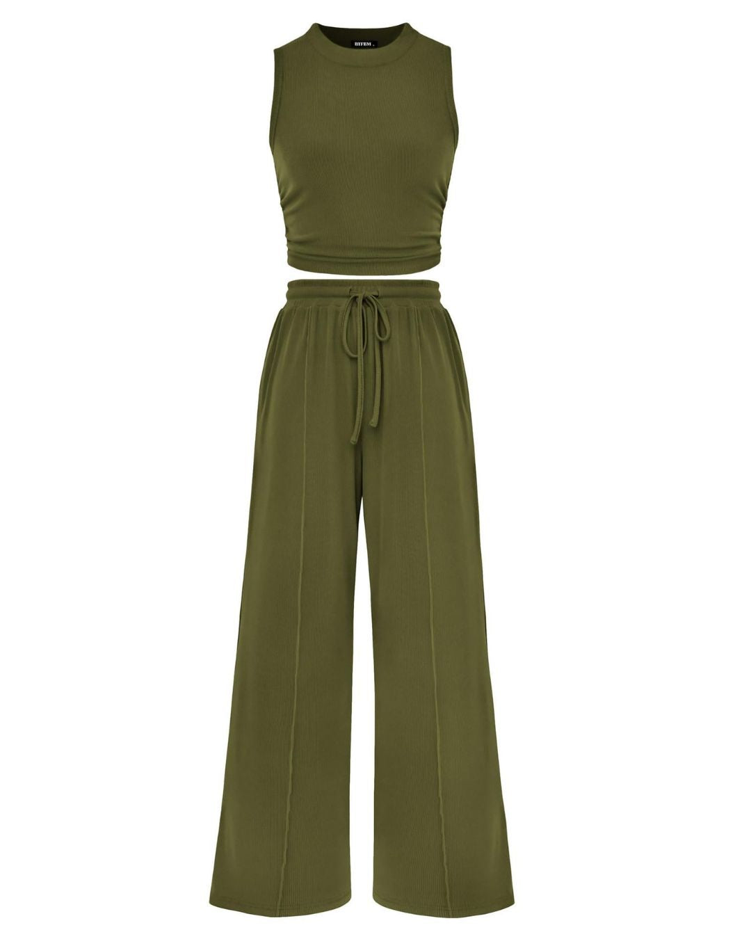 Curvvvy® Ribbed Knit Crew Neck Sleeveless Cropped Top & Wide Leg Pants Lounge Set