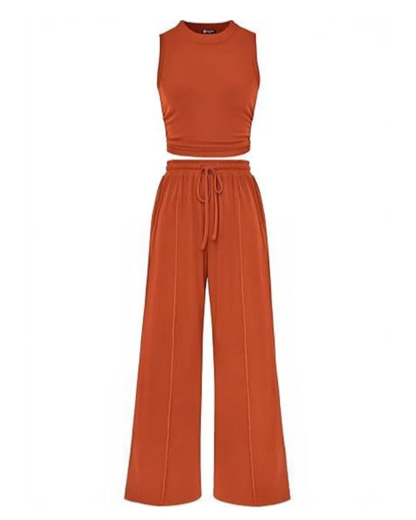 Curvvvy® Ribbed Knit Crew Neck Sleeveless Cropped Top & Wide Leg Pants Lounge Set