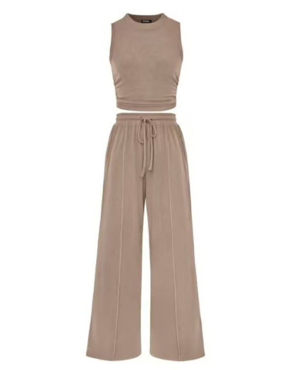 Curvvvy® Ribbed Knit Crew Neck Sleeveless Cropped Top & Wide Leg Pants Lounge Set