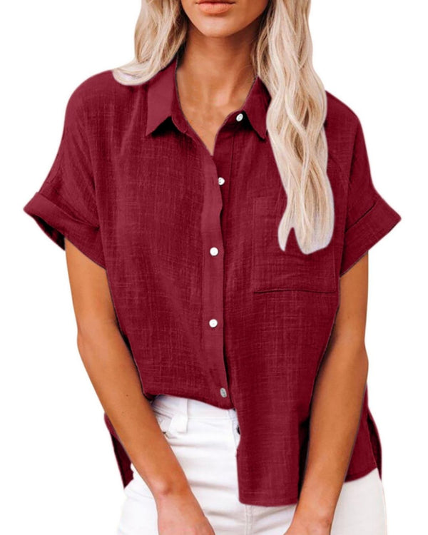 Curvvvy® Dressy Casual V Neck Button Down Shirts Short Sleeve Blouses