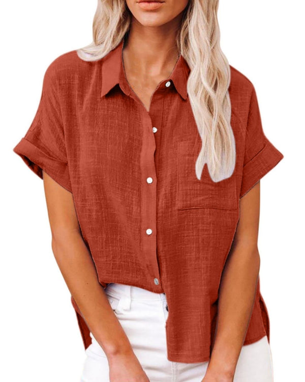 Curvvvy® Dressy Casual V Neck Button Down Shirts Short Sleeve Blouses