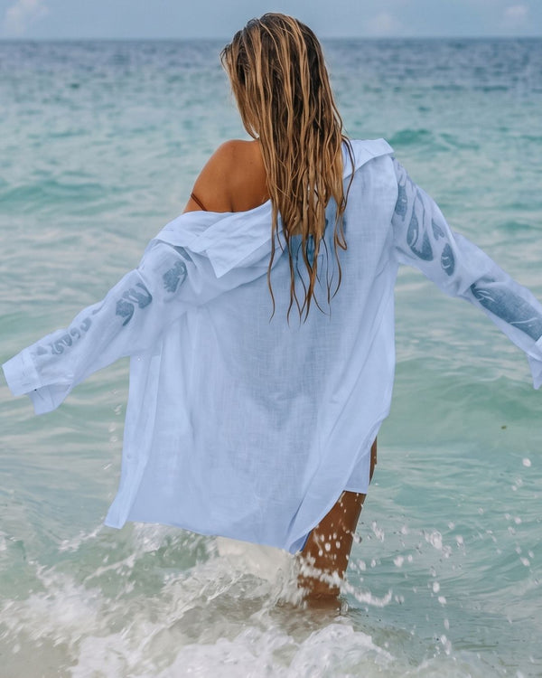 Curvvvy® Casual Style Semi-sheer Button Front Long Sleeve Pocket Shirt Cover Up