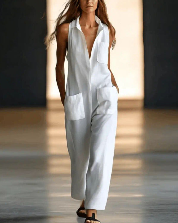 Curvvvy® Casual Loose Retro WhiteBreathable Linen Sleeveless WideLeg Pants Jumpsuit
