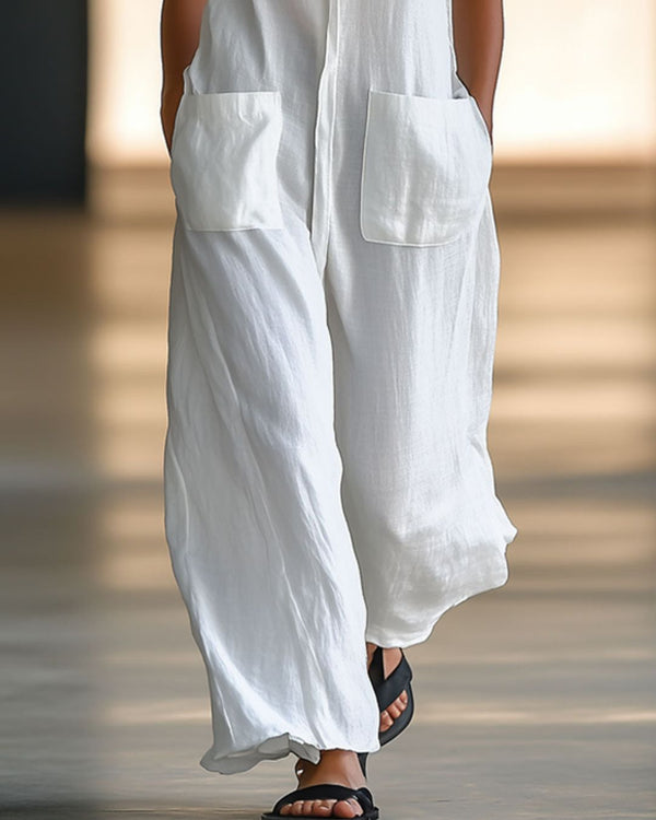 Curvvvy® Casual Loose Retro WhiteBreathable Linen Sleeveless WideLeg Pants Jumpsuit