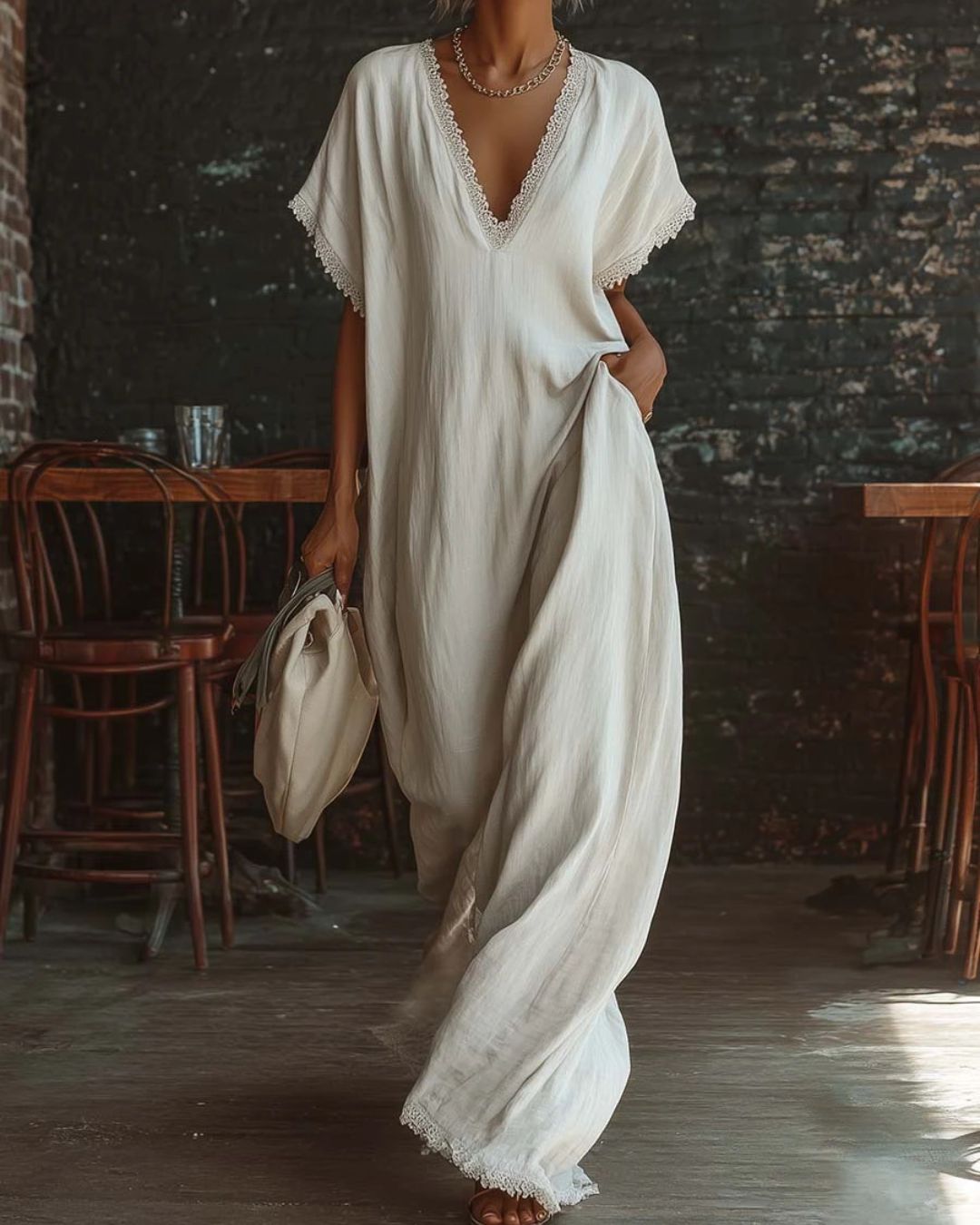 Curvvvy® Linen Cotton Lace Trim Maxi Dress Boho Summer Beach Casual Loose Fit Flowy A-Line Long Dress Oversized V-Neck Vintage Style Dress