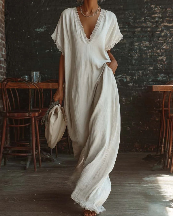 Curvvvy® Linen Cotton Lace Trim Maxi Dress Boho Summer Beach Casual Loose Fit Flowy A-Line Long Dress Oversized V-Neck Vintage Style Dress