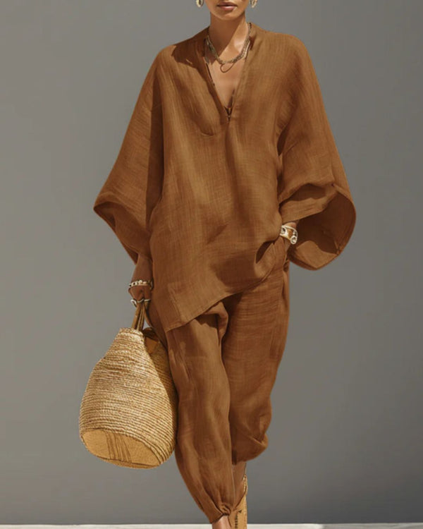 Curvvvy® Vacation Two-Piece Set Oversized V-Neck Tunic Relaxed Fit Pants Coastal Brunch Outfit