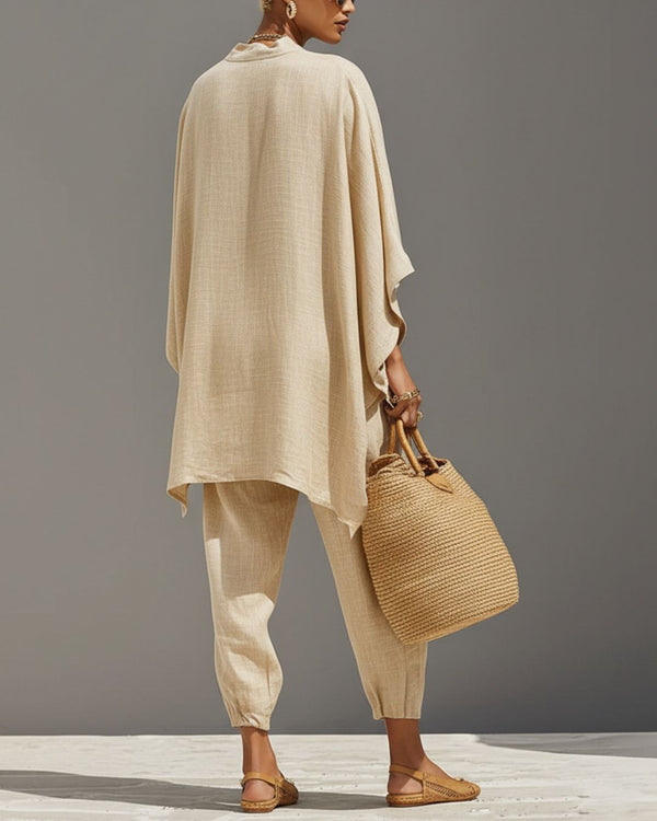 Curvvvy® Vacation Two-Piece Set Oversized V-Neck Tunic Relaxed Fit Pants Coastal Brunch Outfit