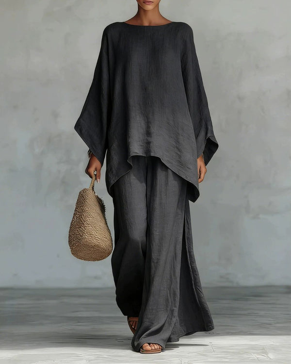 Curvvvy® Linen Blend Crew Neck Long-sleeved Loose Top and Elastic Waist Casual Wide-leg Pants Set