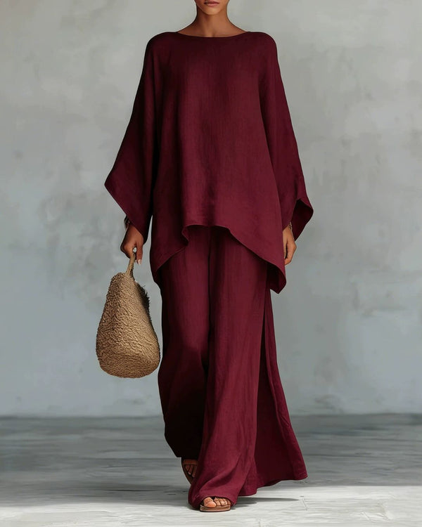 Curvvvy® Linen Blend Crew Neck Long-sleeved Loose Top and Elastic Waist Casual Wide-leg Pants Set