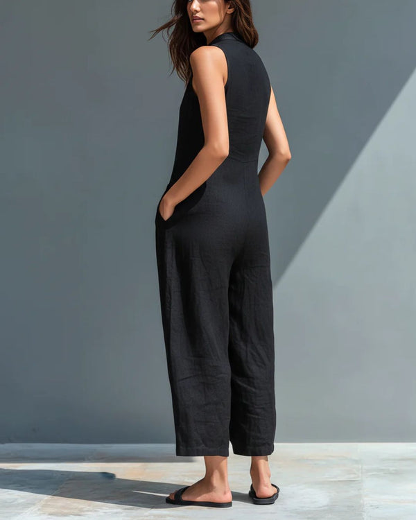 Curvvvy® Vintage Solid Color Sleeveless Jumpsuit Stand Collar Loose Leg Spring Summer Work & Casual Outfit