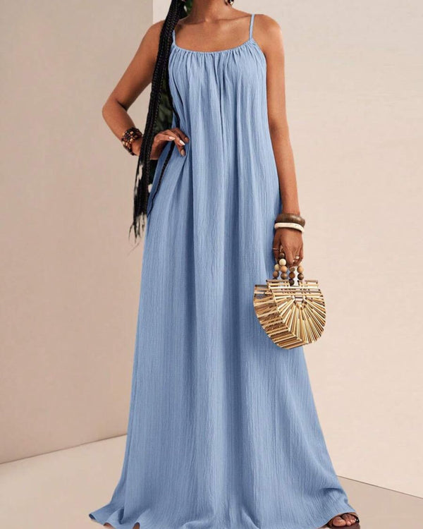 Curvvvy® Solid Color Pleated Slip Maxi Casual Dress, Flowy Dress