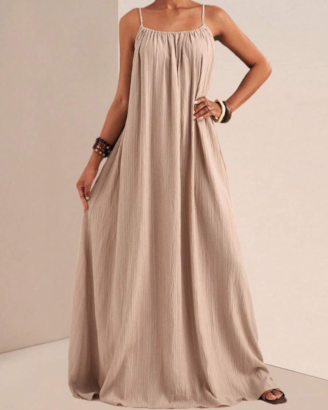 Curvvvy Solid Color Pleated Slip Maxi Casual Dress, Flowy Dress Orange / L