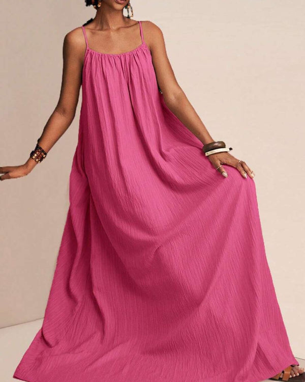 Curvvvy® Solid Color Pleated Slip Maxi Casual Dress, Flowy Dress