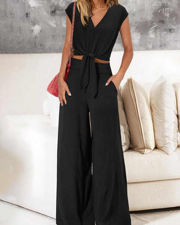 Curvvvy® Casual 2 Piece Outfits Cap Sleeve V Neck Belted Crop Tops Wide Leg Pant Sets