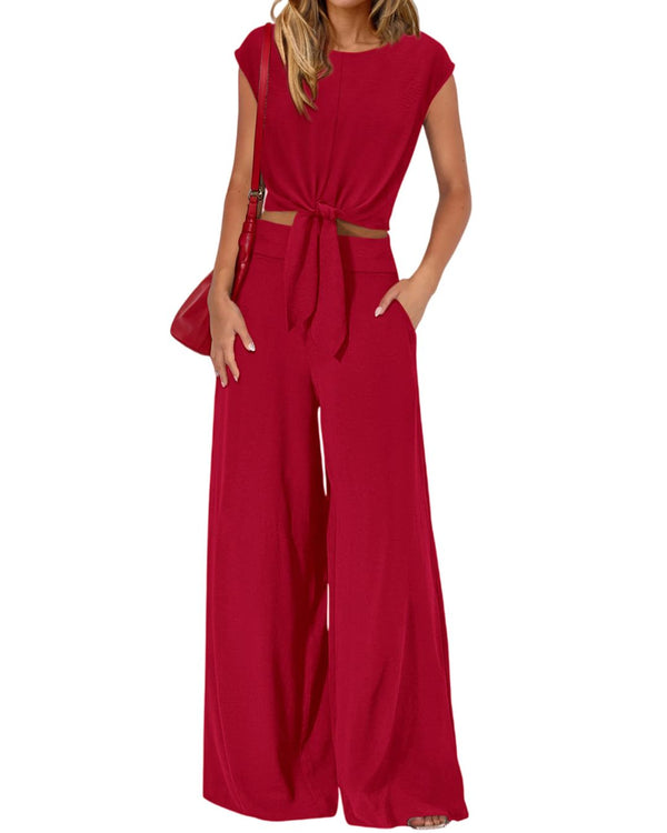 Curvvvy® Casual 2 Piece Outfits Cap Sleeve V Neck Belted Crop Tops Wide Leg Pant Sets