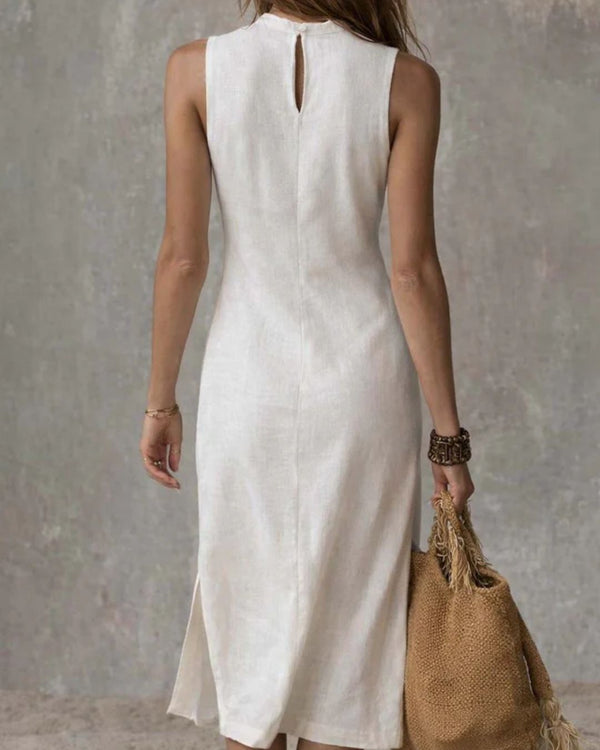 Curvvvy® Stand-collar Split-hem Cotton And Linen Midi Dress