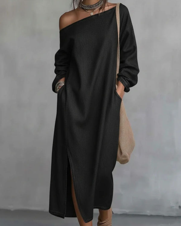 Curvvvy® Loose-fitting One Shoulder Split Hem Cotton Linen Midi Dress