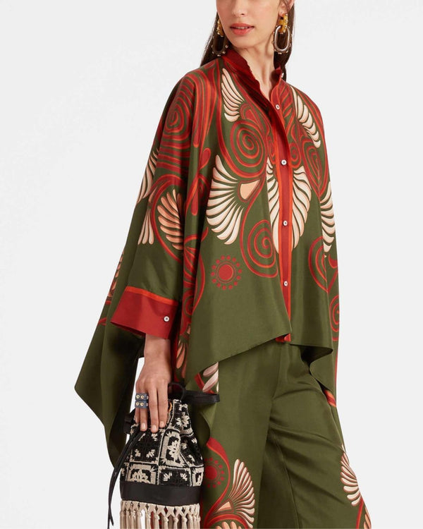 Curvvvy® Kerylos Placée Dark Green Twill Silk Blouse Peacock Wing Print Elegant Flowy Set
