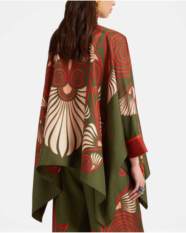 Curvvvy® Kerylos Placée Dark Green Twill Silk Blouse Peacock Wing Print Elegant Flowy Set