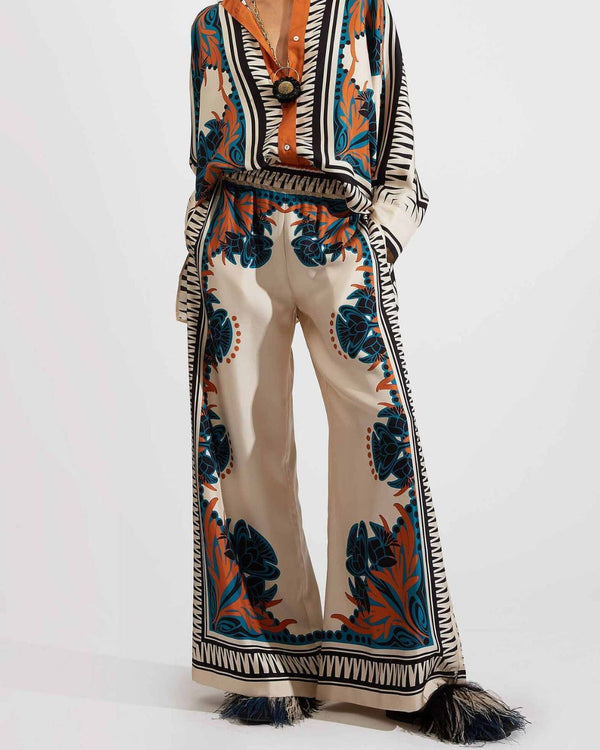Curvvvy® Ivory and Teal Printed Elegant Flowy Caftan Set