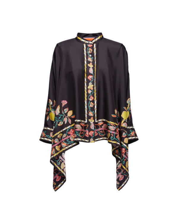 Curvvvy® Borboni Placée Nero Twill Blouse Vintage Baroque Print Elegant Flowy Set