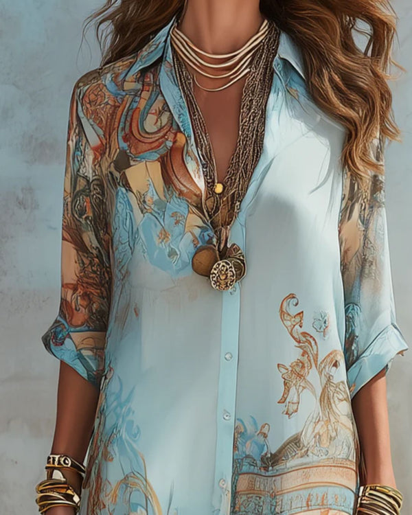Curvvvy® Baroque Style Floral Blue Chiffon Maxi Dress