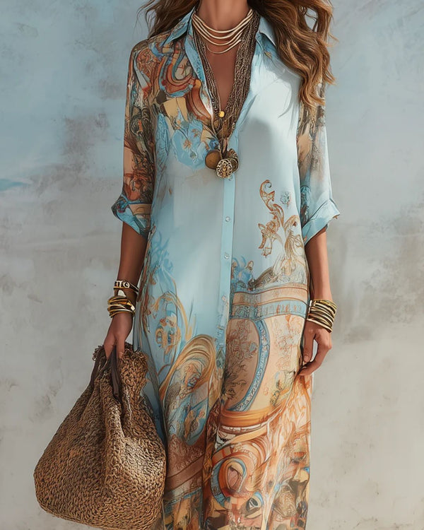 Curvvvy® Baroque Style Floral Blue Chiffon Maxi Dress