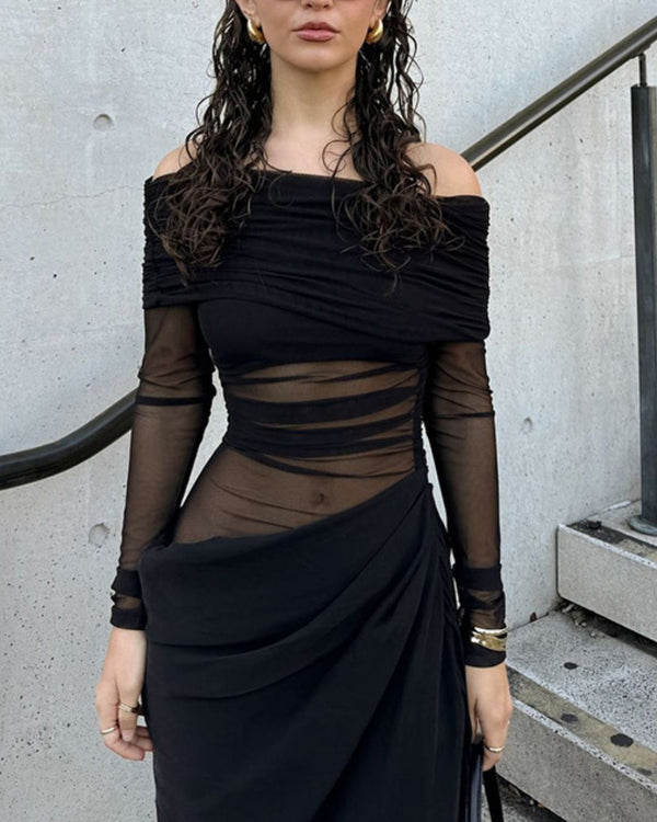 Curvvvy® Elegant Long Sleeve Off Shoulder Ruched Sheer Mesh Dress