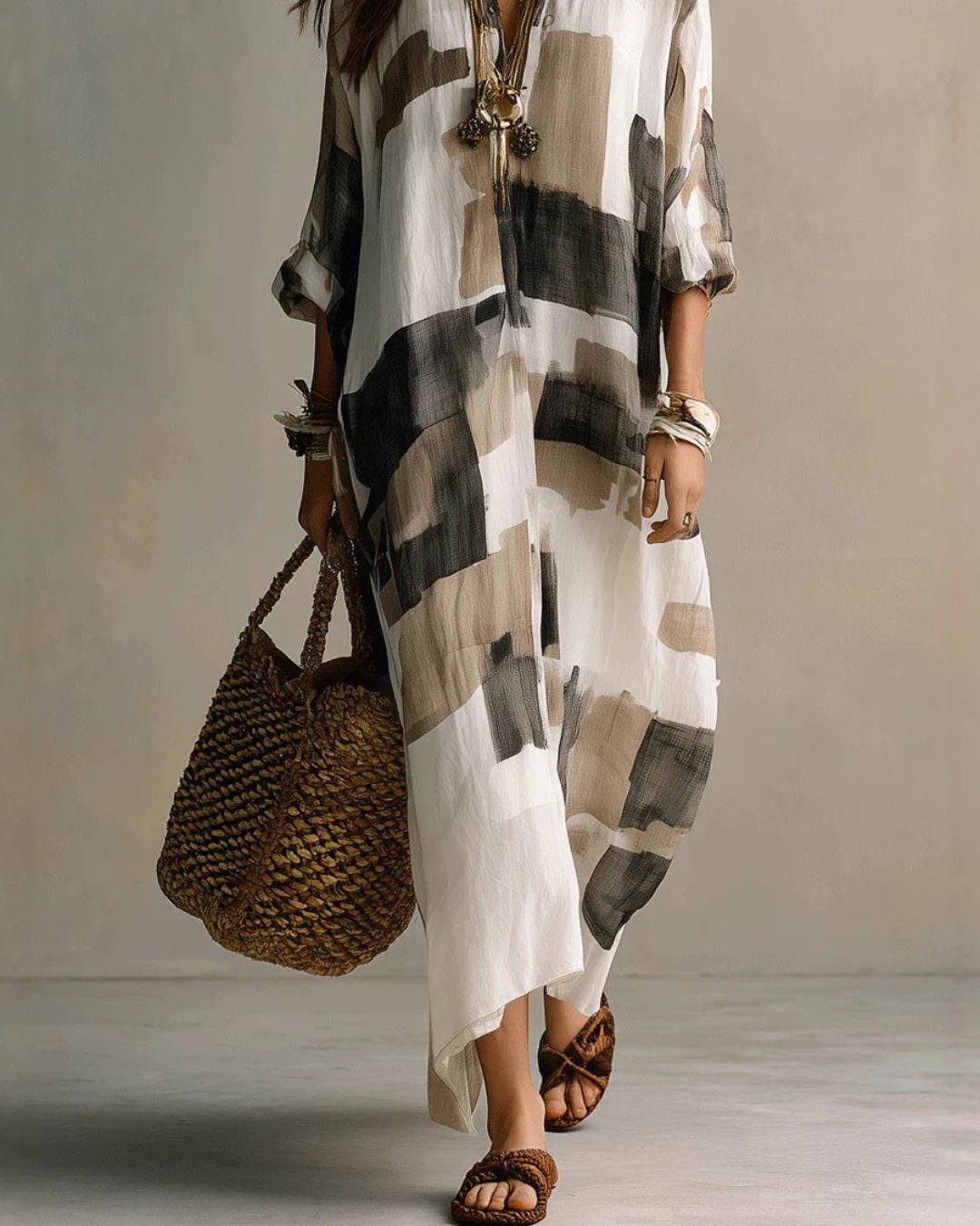Curvvvy® Boho Abstract Print Button-Front Relaxed Fit Maxi Dress