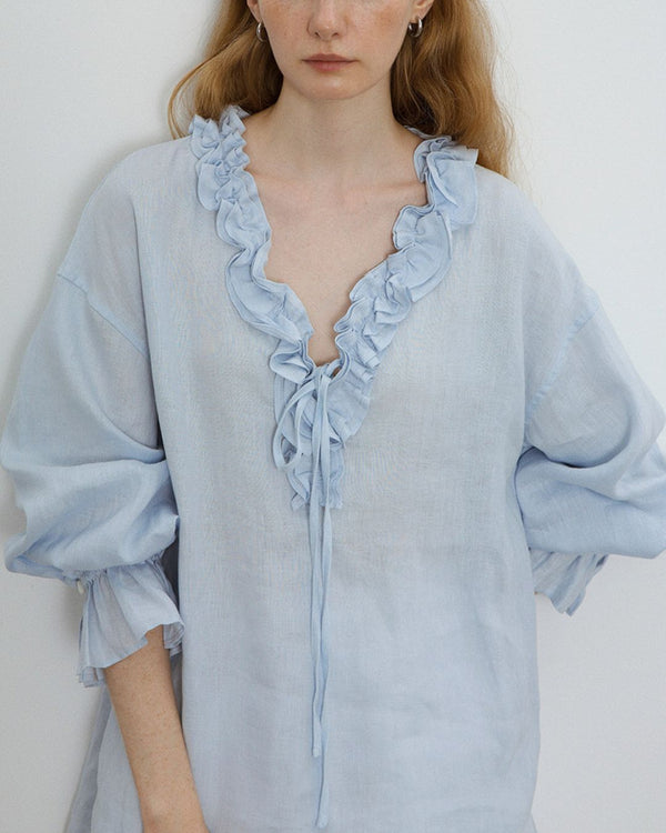Curvvvy® Linen Romantic Ruffled Puff Sleeve Shirt