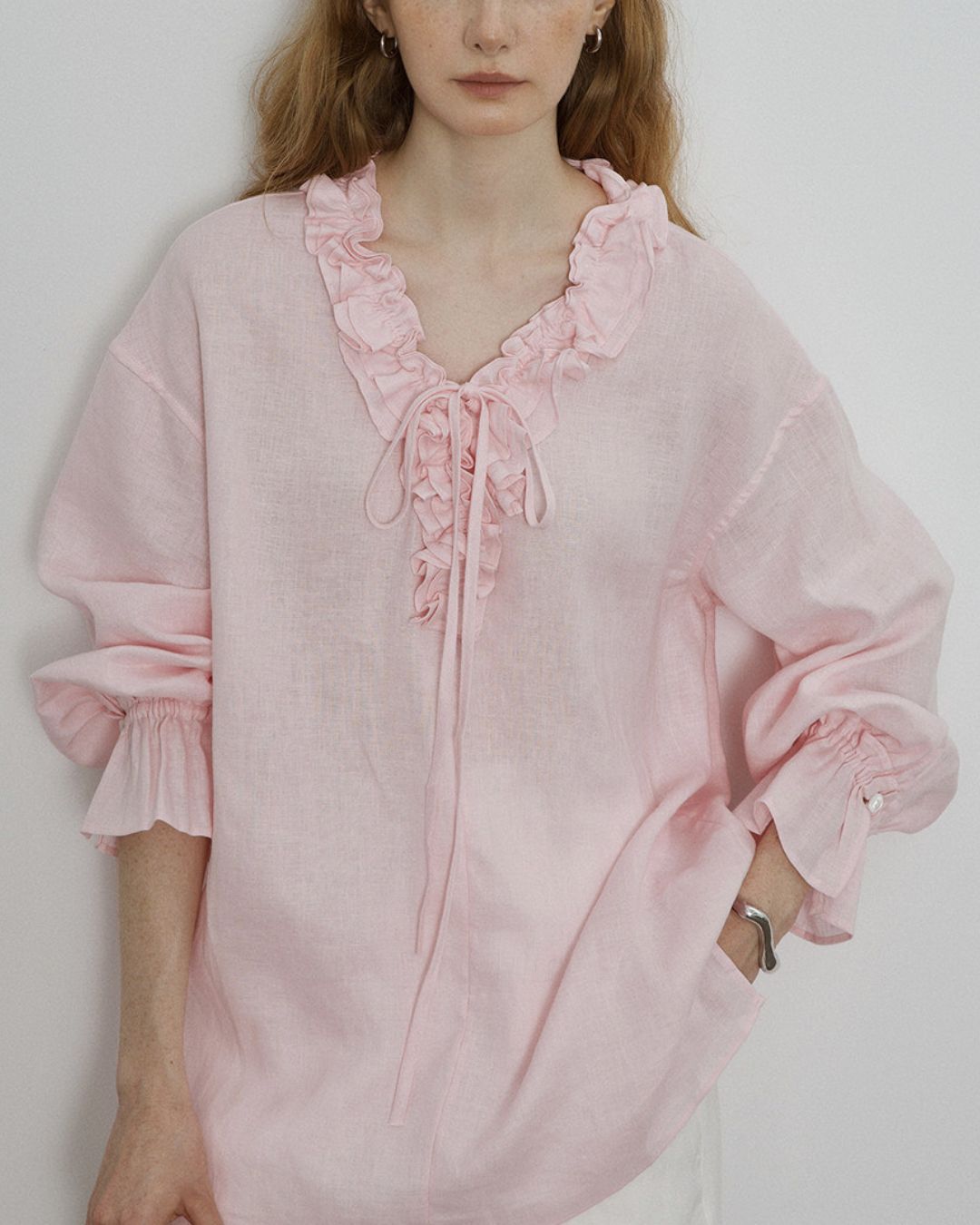 Curvvvy® Linen Romantic Ruffled Puff Sleeve Shirt