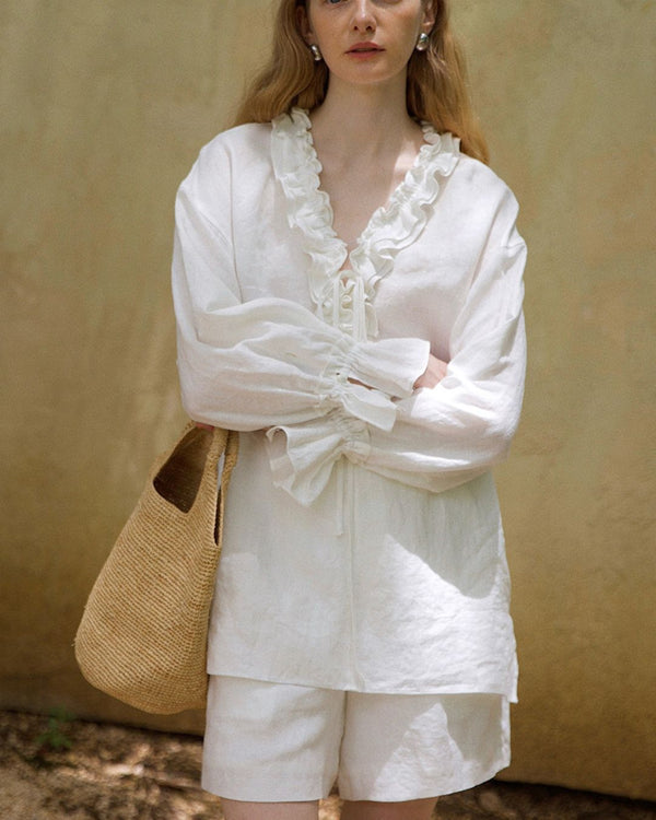 Curvvvy® Linen Romantic Ruffled Puff Sleeve Shirt