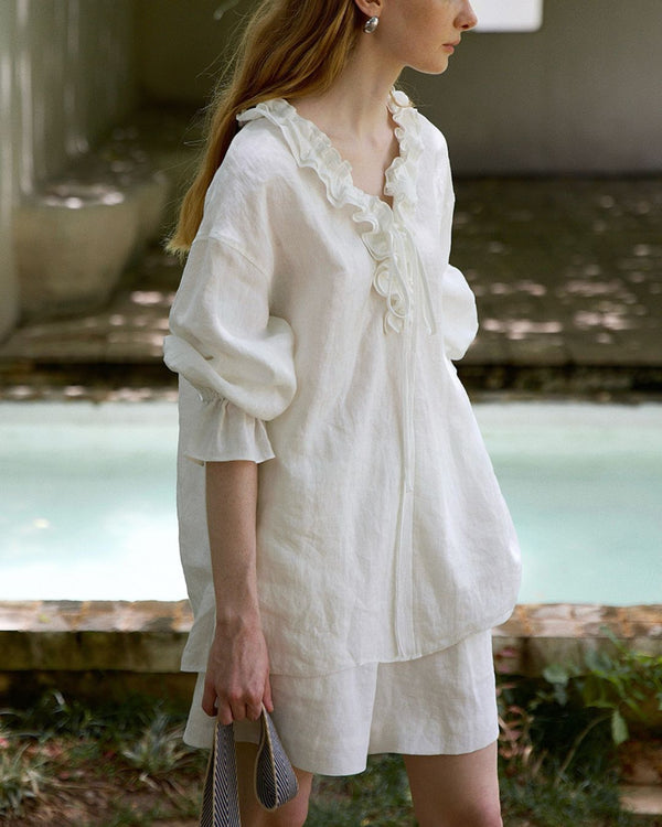 Curvvvy® Linen Romantic Ruffled Puff Sleeve Shirt