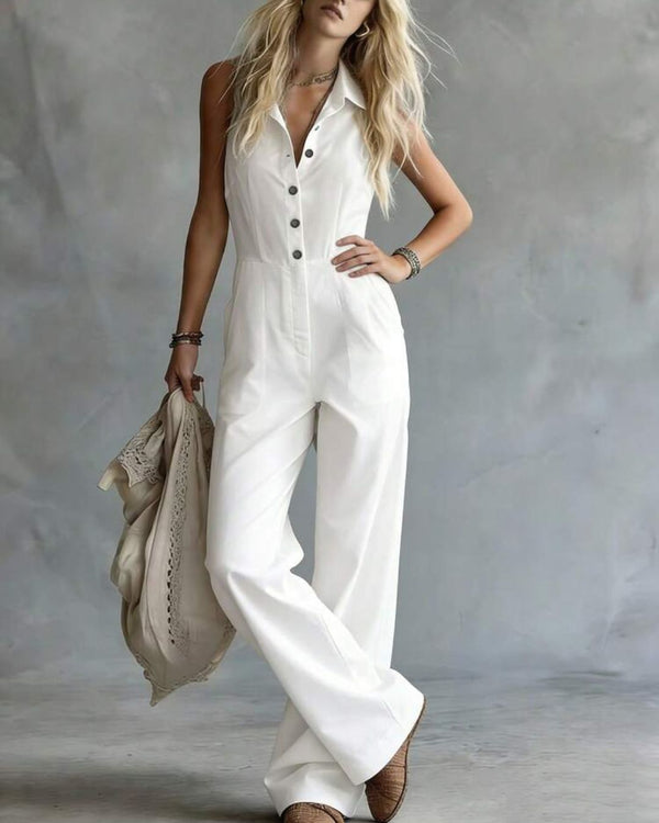 Curvvvy® Sleeveless Solid Color Shirt-Style Long Jumpsuit