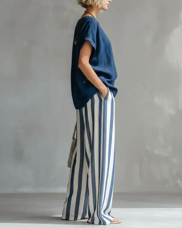 Curvvvy® Cozy Loose-fit Striped Cotton-linen Two-piece Set